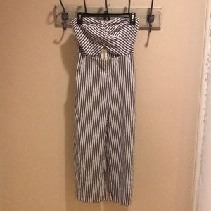Blue and White Striped Cutout Jumpsuit